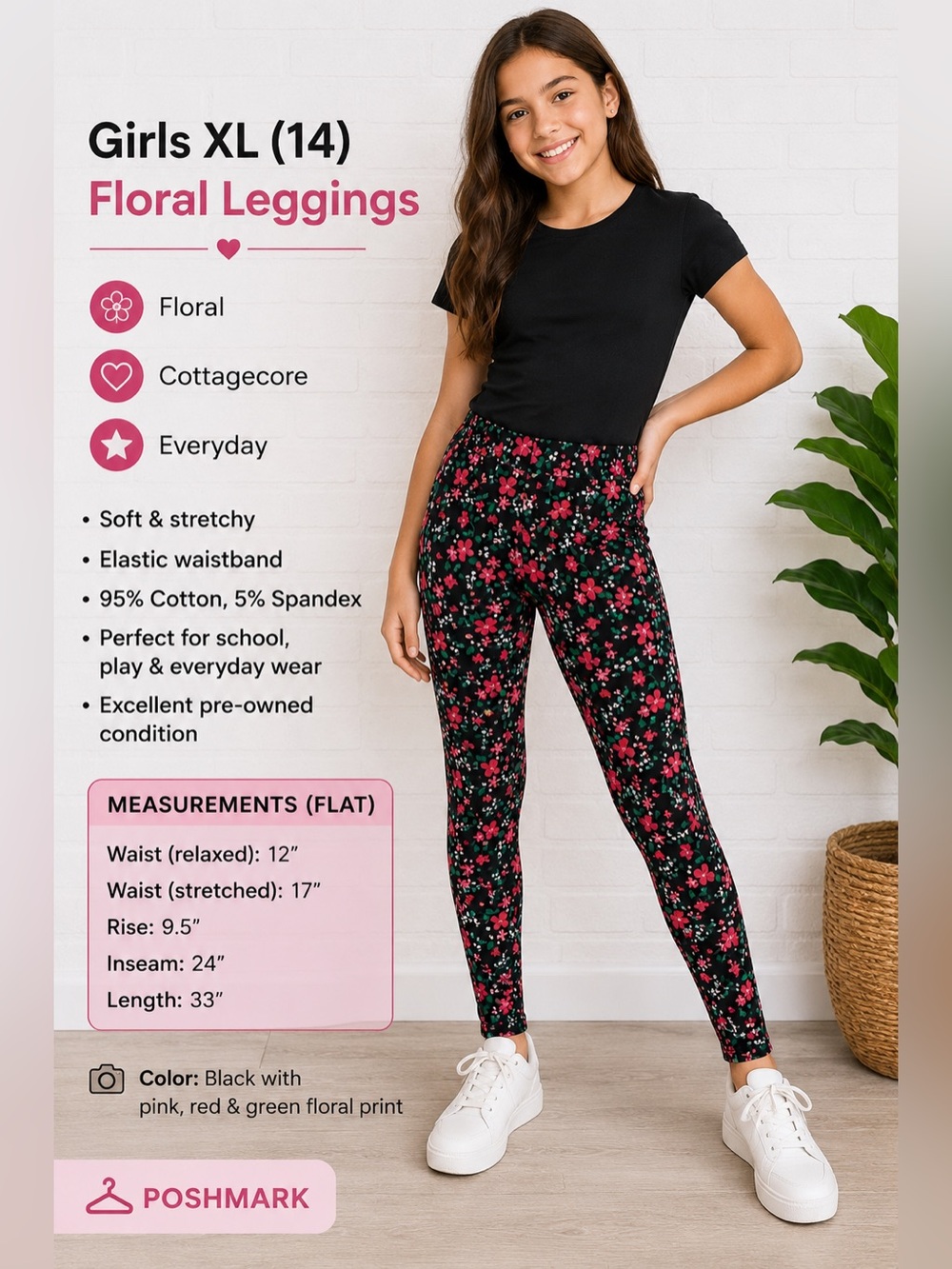 Cat & Jack Girls Floral Leggings XL (14) Black Pink Stretch Cotton Pants